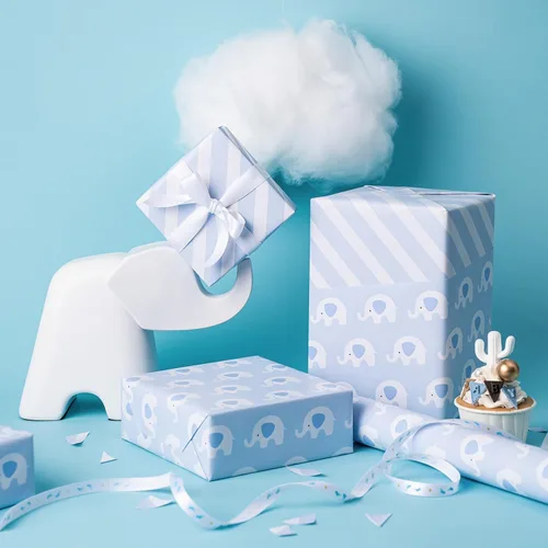 Miniatura 5 de WRAPAHOLIC - Papel de regalo reversible para bebé niño, rollo mini - 17 pulgadas x 33 pies - Lindo diseño de elefante azul, perfecto para baby Bebé