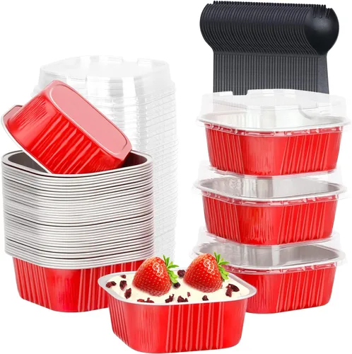 Miniatura 19 de LNYZQUS - Juego de 40 moldes de aluminio para brownies de 10 oz, ramequines desechables cuadrados de 10 cm x 10 cm con tapas, moldes pequeños