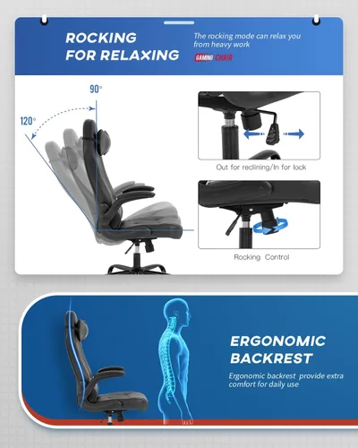 Miniatura 4 de Sillas de juegos para adultos, silla giratoria de piel sintética, ajustable, con soporte lumbar, reposabrazos abatibles, reposacabezas para adultos