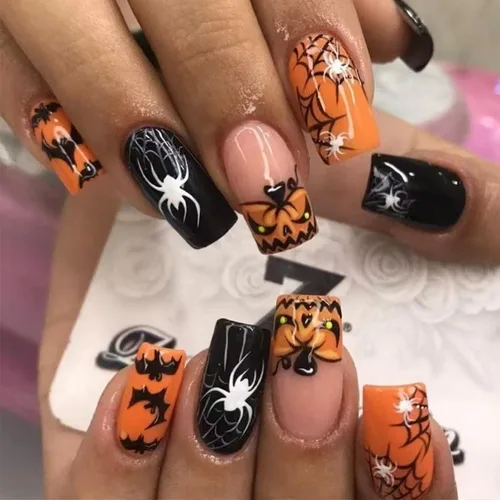 Miniatura 27 de Uñas postizas a presión de Halloween, uñas postizas cuadradas cortas con diseños de gato negro, acabado degradado brillante, cobertura completa