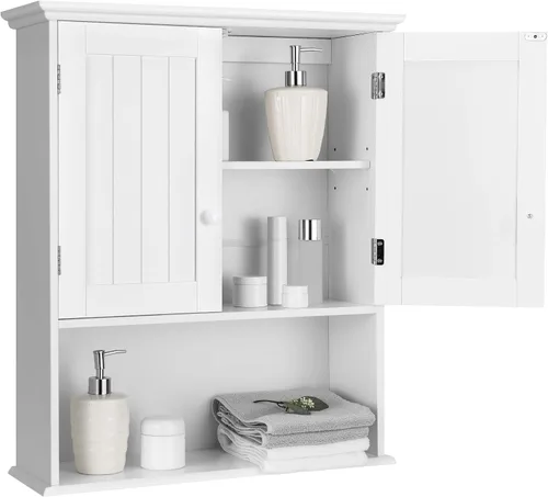 Miniatura 10 de COSTWAY Armario de baño montado en la pared, armario de almacenamiento sobre el inodoro con puertas dobles y estante ajustable, botiquín colgante