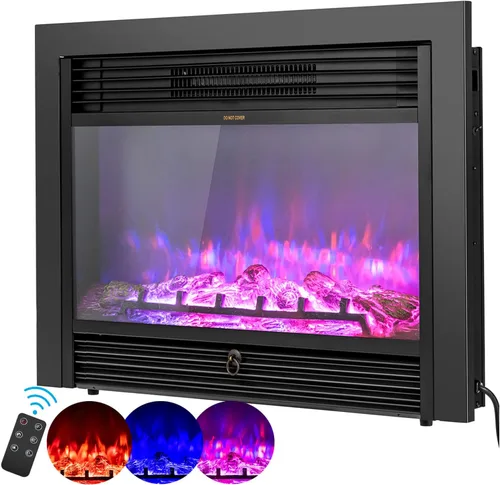 GLACER Chimenea eléctrica, calentador de chimenea empotrado de 28.5 pulgadas con llama LED ajustable de 3 colores, temporizador, termostato, panel