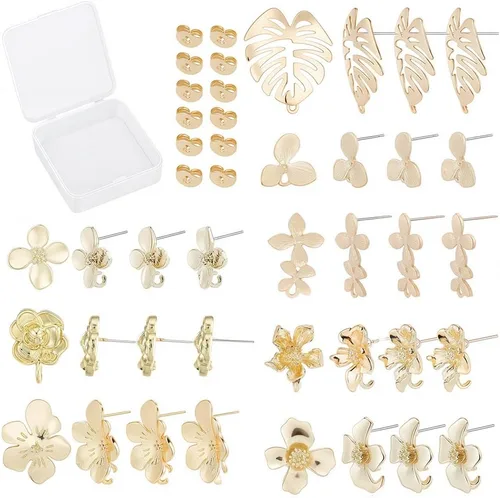 Miniatura 15 de SUNNYCLUE 1 caja, 80 unidades, 20 pares de aretes redondos planos de acero inoxidable con bucle, aretes plateados y dorados, hallazgos en blanco