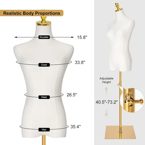 Miniatura 2 de Maniquí femenino con forma de torso para vestir - Cuerpo de maniquí con base de metal, maniquí de oro para ropa de mujer con altura ajustable de 40