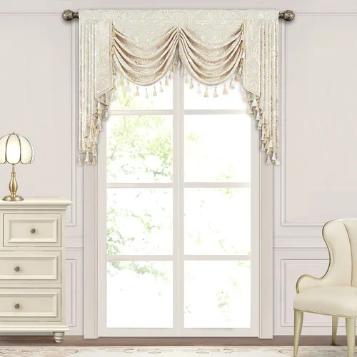 Miniatura 24 de Loom and Mill Cenefa de cascada de lujo de jacquard para sala de estar, elegantes cenefas de ventana con festones y cuentas damascadas, cortinas