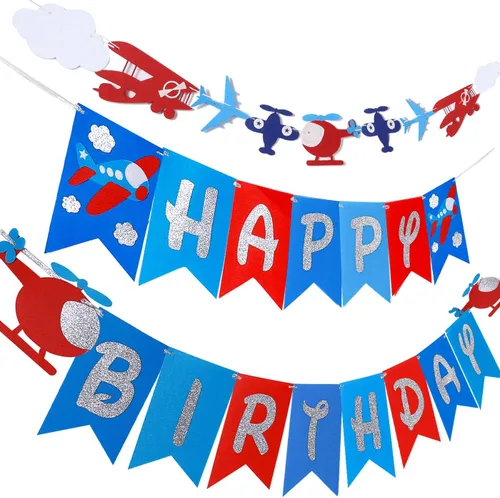 Miniatura 8 de Cartel de cumpleaños de avión y decoración de guirnalda para aviador, aviación, fiesta temática de cumpleaños, pancarta de fieltro con purpurina