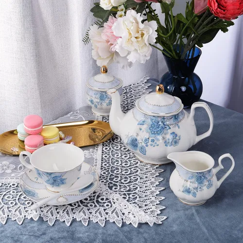 Miniatura 3 de fanquare Juego de té de porcelana con flores azules, juego de taza de té y platillo para 6, juego de té de boda con jarra de crema, juego de café