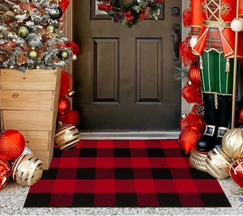 Miniatura 10 de Tapete verde y blanco para puerta delantera 24"x35", alfombra de porche delantero a cuadros búfalo, algodón tejido, lavable a máquina, reversible