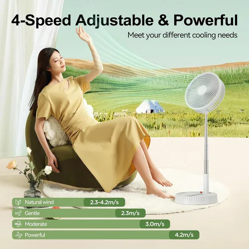 Miniatura 6 de Ventilador recargable plegable portátil – Altura ajustable de 4000 mAh USB-C funciona con pilas, ventilador pequeño silencioso de 4 velocidades
