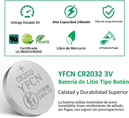 Miniatura 2 de YFCN CR2032 - Batería de litio de 3 V, paquete de 5 baterías CR2032 – CR 2032 batería de celda de moneda para AirTag, llavero, controles remotos, 10