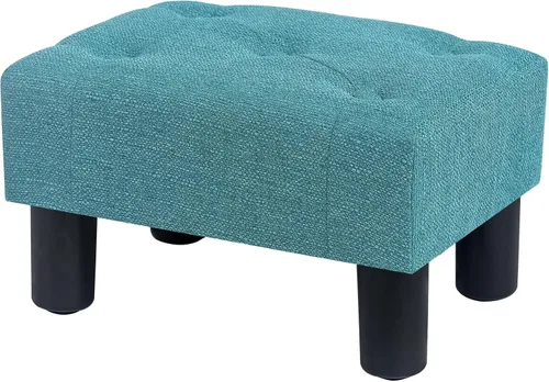 Miniatura 10 de Adeco Reposapiés otomano tapizado de lino de 15.4 pulgadas, pequeño taburete acolchado y asiento decorativo con patas de aspecto de madera, taburete