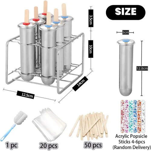 Miniatura 4 de Juego de 6 moldes de paletas de acero inoxidable, moldes de metal para paletas, máquina casera para hacer golosinas de hielo con 50 palos de madera