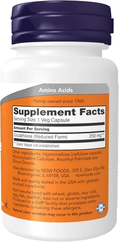 Miniatura 2 de NOW Foods Suplementos, Glutatión 250 mg, Apoyo de Desintoxicación*, Neutralizador de Radicales Libres*, 60 Cápsulas Vegetales