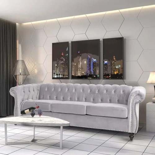 Miniatura 7 de ORRD Sofá Chesterfield, moderno sofá de terciopelo copetudo de 3 plazas con brazos de desplazamiento y cabeza de clavos para sala de estar