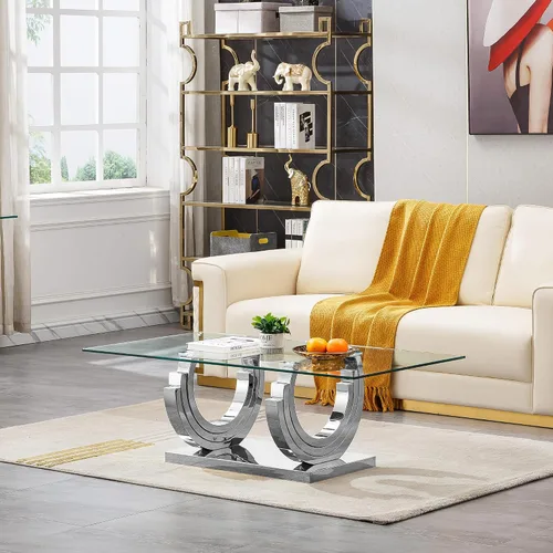 Miniatura 40 de Mesa de centro de cristal de lujo, mesa de centro de sofá de 47 pulgadas con marco de acero inoxidable dorado y parte superior de vidrio negro, mesa