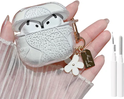 Miniatura 22 de MINSCOSE Compatible con AirPods Pro de 2ª/1ª generación, bonito diseño de patrón de conchas y estrellas de mar con llavero, funda protectora de TPU