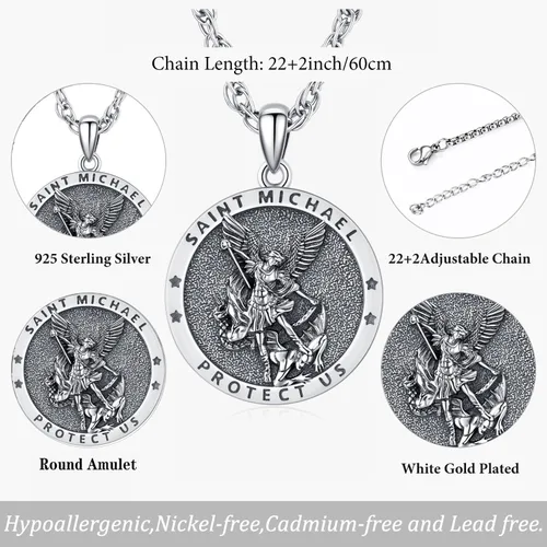 Miniatura 287 de Odinstone Collar de plata de ley 925 con medalla de San Miguel/San Cristóbal/San Benito/Crucifijo de Jesús/San Uriel/Arcángel Rafael para hombres