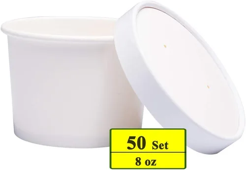 Miniatura 2 de Juego de 50 tazas desechables de helado blanco de 8 onzas con tapas, tazas de papel para llevar, taza de papel, recipiente de comida para llevar