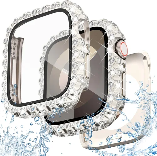 Miniatura 14 de NewWays Funda impermeable 2 en 1 de 1.772 pulgadas para Apple Watch Series 9, 8, 7, encaje completo con diamantes de imitación y purpurina para Oro