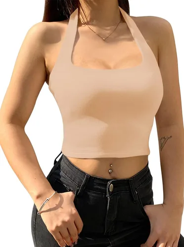 Miniatura 4 de REORIA Camiseta corta sin mangas Y2K con cuello halter y espalda descubierta para mujer