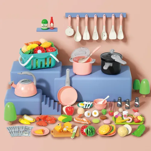 Miniatura 3 de Funpynani - Juego de cocina de 130 piezas para niños pequeños, juego de ollas y sartenes de juguete, utensilios de cocina, alimentos diarios, Rosa
