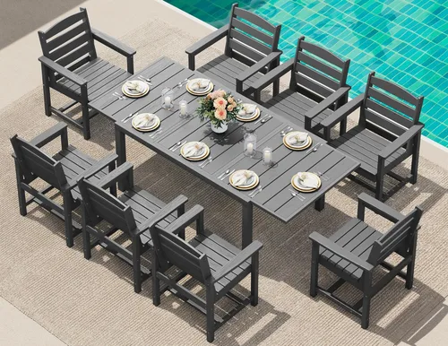 SERWALL Juego de comedor para exteriores de 9 piezas, mesa de comedor expandible de 60 a 83 pulgadas y 8 sillas de polietileno de alta densidad para