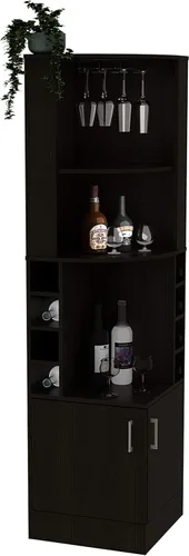 Miniatura 4 de FM FURNITURE The Seattle - Armario esquinero para bar con 3 estantes abiertos, estante de cristal, 8 cubos de botellas y puertas dobles, color negro
