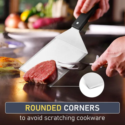 Miniatura 5 de HaSteeL - Juego de 2 espátulas de metal grandes de acero inoxidable con mango de ABS, resistente para hamburguesas y panqueques, ideal para cocinar