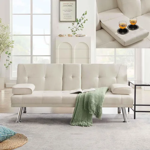 Miniatura 3 de Sofá cama futón tapizado de lino 100% tela con 2 portavasos/patas/reposabrazos extraíbles, sofá cama convertible moderno, sofá biplaza tapizado