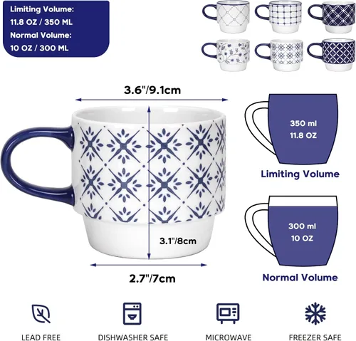Miniatura 2 de Schliersee Juego de 6 tazas de café de cerámica apilables de 12 oz, taza pequeña con patrón geométrico floral, taza de café de porcelana azul