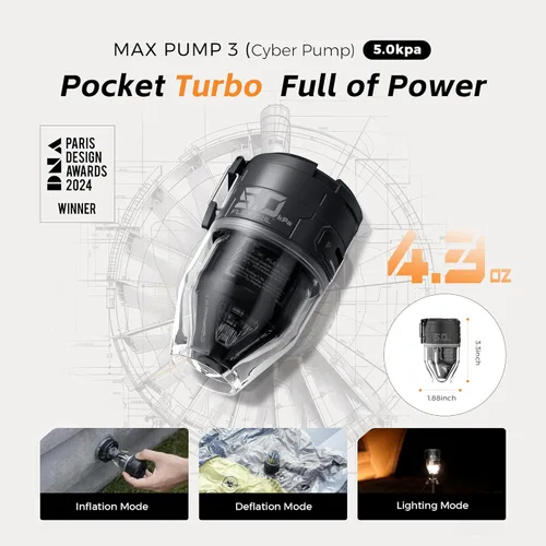Miniatura 2 de FLEXTAILGEAR Max Pump 3 Air Pump for Inflatables, 5Kpa Portable Air Pump, 500L/min Air Mattress Pump with Camping Light, Electric Pump for Negro