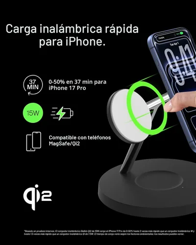 Miniatura 3 de Cargador compatible con MagSafe de Belkin, estación de carga inalámbrica 3 en 1, carga inalámbrica certificada Qi2 de 15 W para Apple iPhone serie