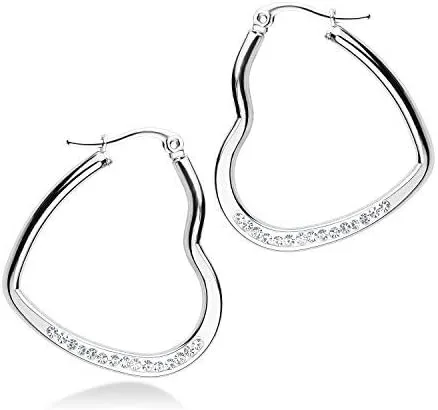 Miniatura 5 de 555Jewelry Aretes de aro de acero inoxidable con forma de corazón para mujer, Metal, Circonia cúbica