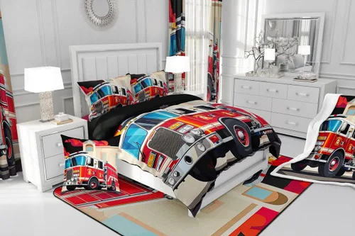 Miniatura 8 de Erosebridal Juego de ropa de cama de camión de bomberos para niños, juego de edredón de vehículo de rescate contra incendios de dibujos animados