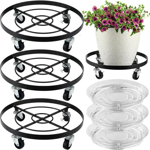Miniatura 11 de Paquete de 3 posavasos de metal para plantas de 10.6 pulgadas, con ruedas, soporte rodante resistente para plantas con ruedas para interiores y Negro