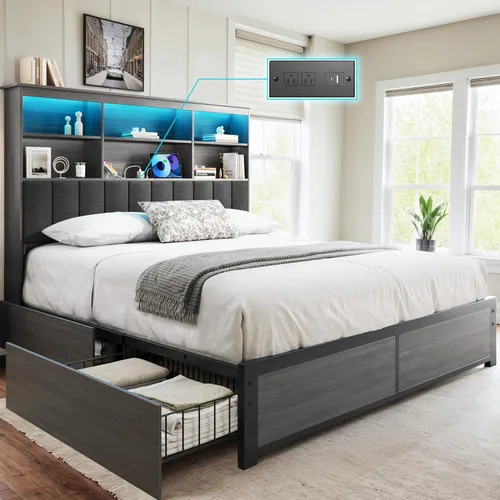 HISOFT Base de cama Queen con cabecera de almacenamiento, cama de madera con estantería de alto almacenamiento, se envía en 2 cajones, 4 cajones,