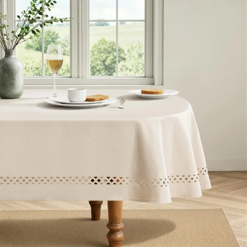 Miniatura 22 de MIULEE Mantel redondo de poliéster de lino beige con recortes decorativos, impermeable, resistente a las manchas y al encogimiento, 60 x 60