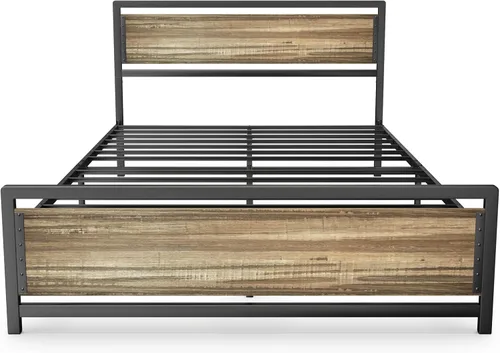 Miniatura 8 de Gizoon Cama de plataforma de metal Queen con cabecera de madera, listones de hierro de 15 pulgadas, gran almacenamiento debajo de la cama, sin Gris