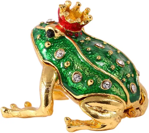 YU FENG Caja de baratijas de rana con corona de cristal, con bisagras, figura de rana coleccionable, soporte de anillo decorativo pintado a mano