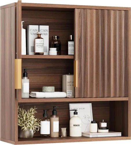 Miniatura 15 de VINGLI Armario de pared de baño, botiquín negro con estante abierto y 2 puertas, organizador de almacenamiento ajustable para colgar sobre