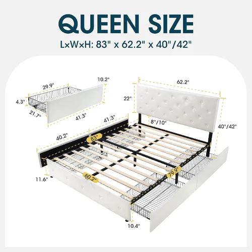 Miniatura 2 de WEEWAY Base de cama de plataforma tamaño Queen con 4 cajones de almacenamiento, cabecera capitonada con botones de costura de diamante, base