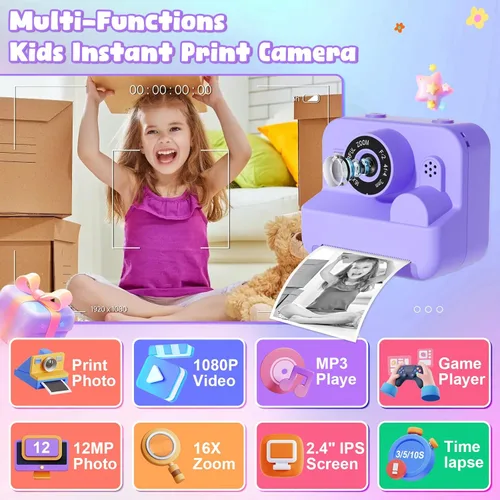 Miniatura 2 de Cámara digital para niños con impresión instantánea - Cámara de video digital HD 1080P para niños pequeños con papel de foto para imprimir, juguete