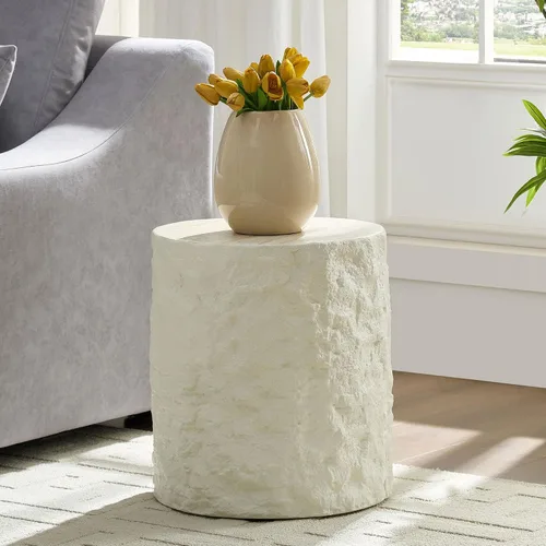 Miniatura 35 de Ø35.43'' Mesa de café redonda para sala de estar, moderna mesa de café en forma de tambor, material de fibra de vidrio, sin ensamblaje, beige