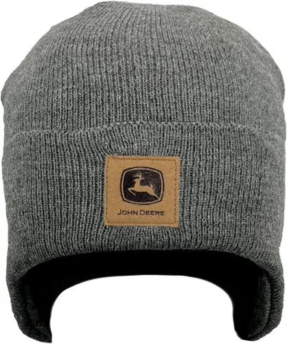 John Deere Gorro con logotipo de parche de cuero con cubierta para las orejas, color carbón, Carbón vegetal