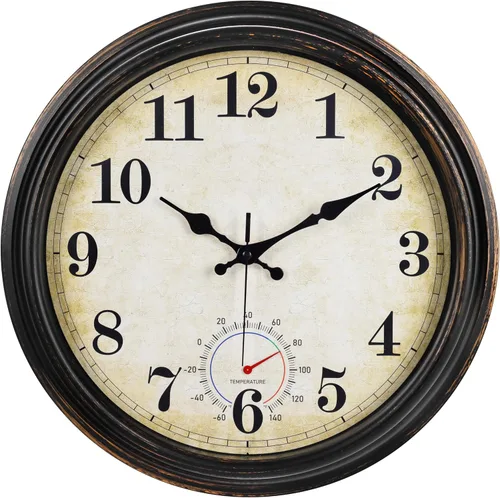 Miniatura 12 de Relojes para exteriores impermeables con termómetro, reloj de pared costero rústico para patio, piscina, jardín (12 pulgadas, azul)