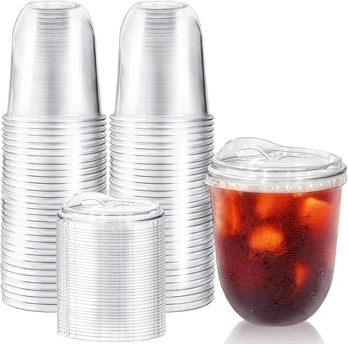 Alaeseje Paquete de 50 vasos de plástico transparente con tapas para sorber sin pajilla, tazas de café helado de 12 onzas con tapas, tazas
