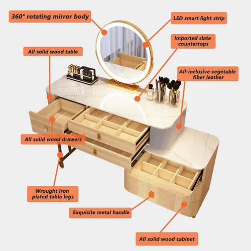 Miniatura 3 de Tocador, tocador de maquillaje con taburete acolchado, tocador con espejo iluminado LED y mesa auxiliar, mesa de maquillaje con 3 cajones