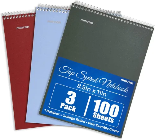 Mintra Office TOP BOUND Cuadernos de espiral duraderos (hielo ártico, aceite de chile, verde oliva, rayas universitarias, paquete de 3)