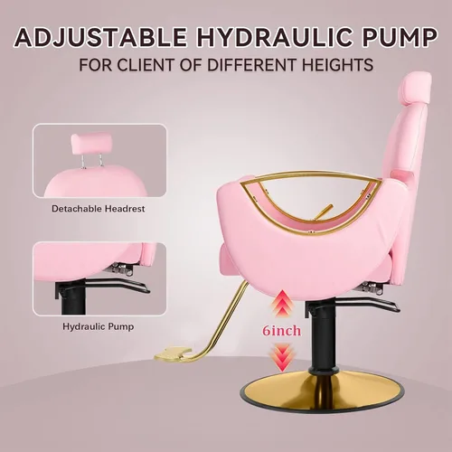 Miniatura 5 de Silla Rosa de Salón para Estilista de Cabello, Silla de Barbero para Barbería en Casa, Silla de Salón de Cabello Reclinable, Bomba Hidráulica