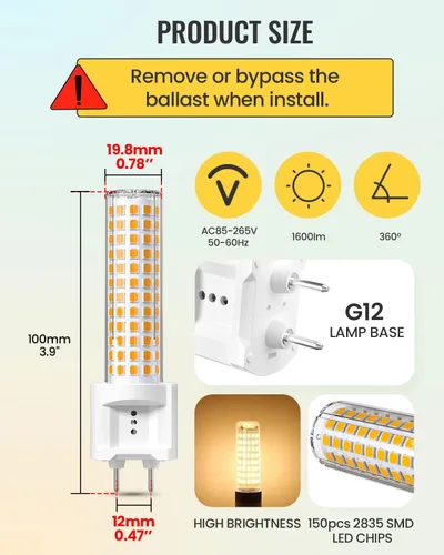 Miniatura 5 de Klarlight Bombilla LED G12, bombilla de maíz con base bi-pin de 15 W, 15 W, luz blanca cálida de 3000 K, reemplazo de lámpara de halogenuros Luz